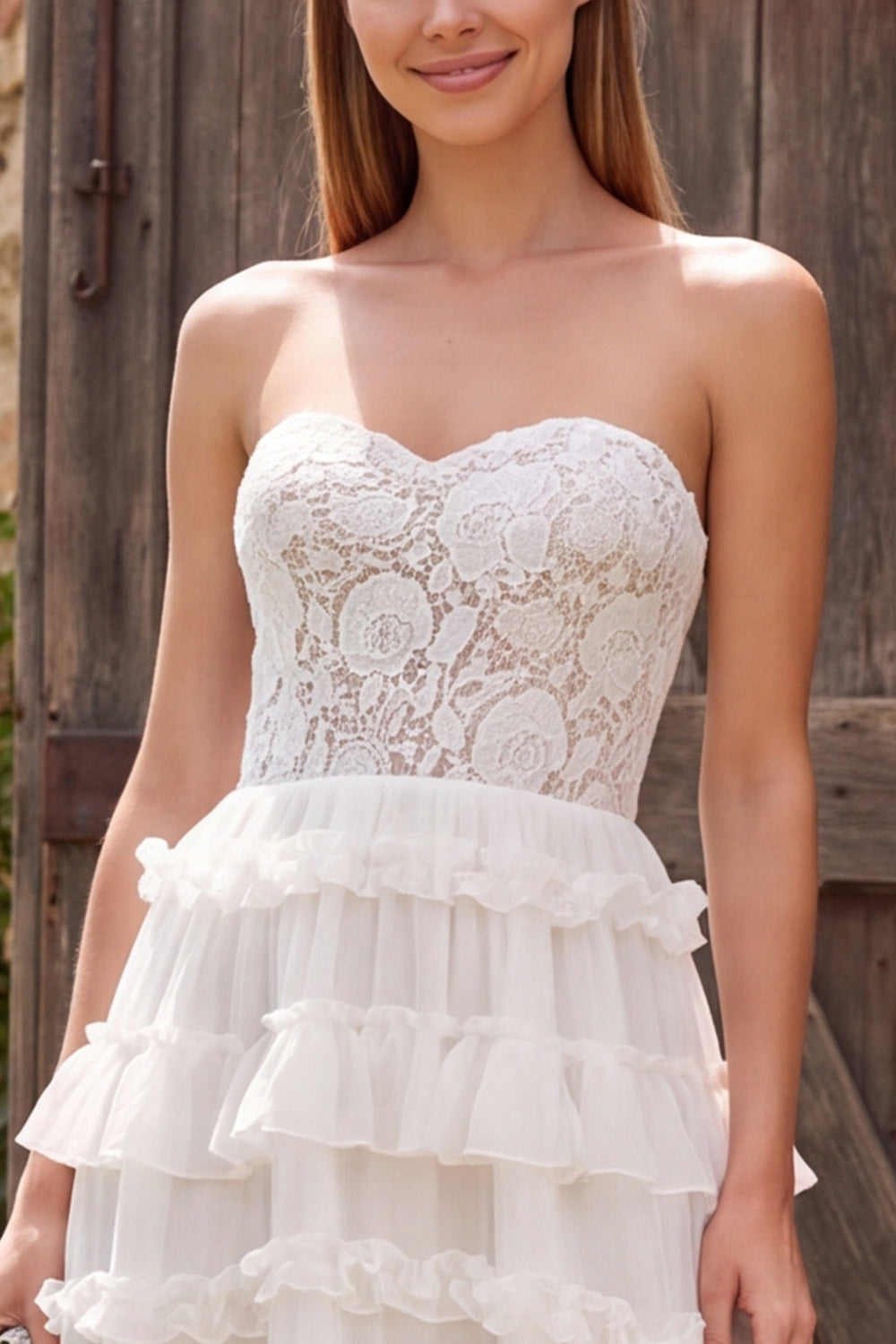 Ivory Chiffon Floral A Line Tiered Ruffled Long Rehearsal Dinner Dress