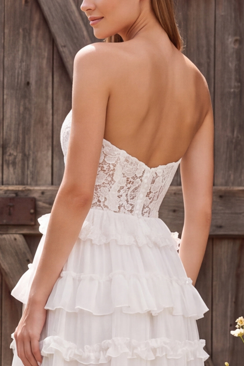 Ivory Chiffon Floral A Line Tiered Ruffled Long Rehearsal Dinner Dress