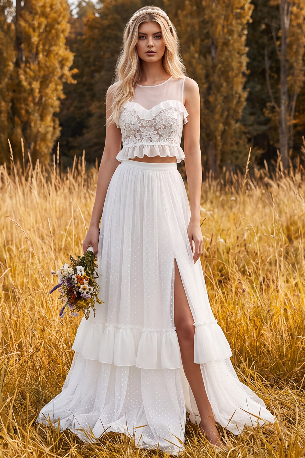 Ivory Two Piece Floral Ruffled A Line Sweep Train Engagement Dress with Slit