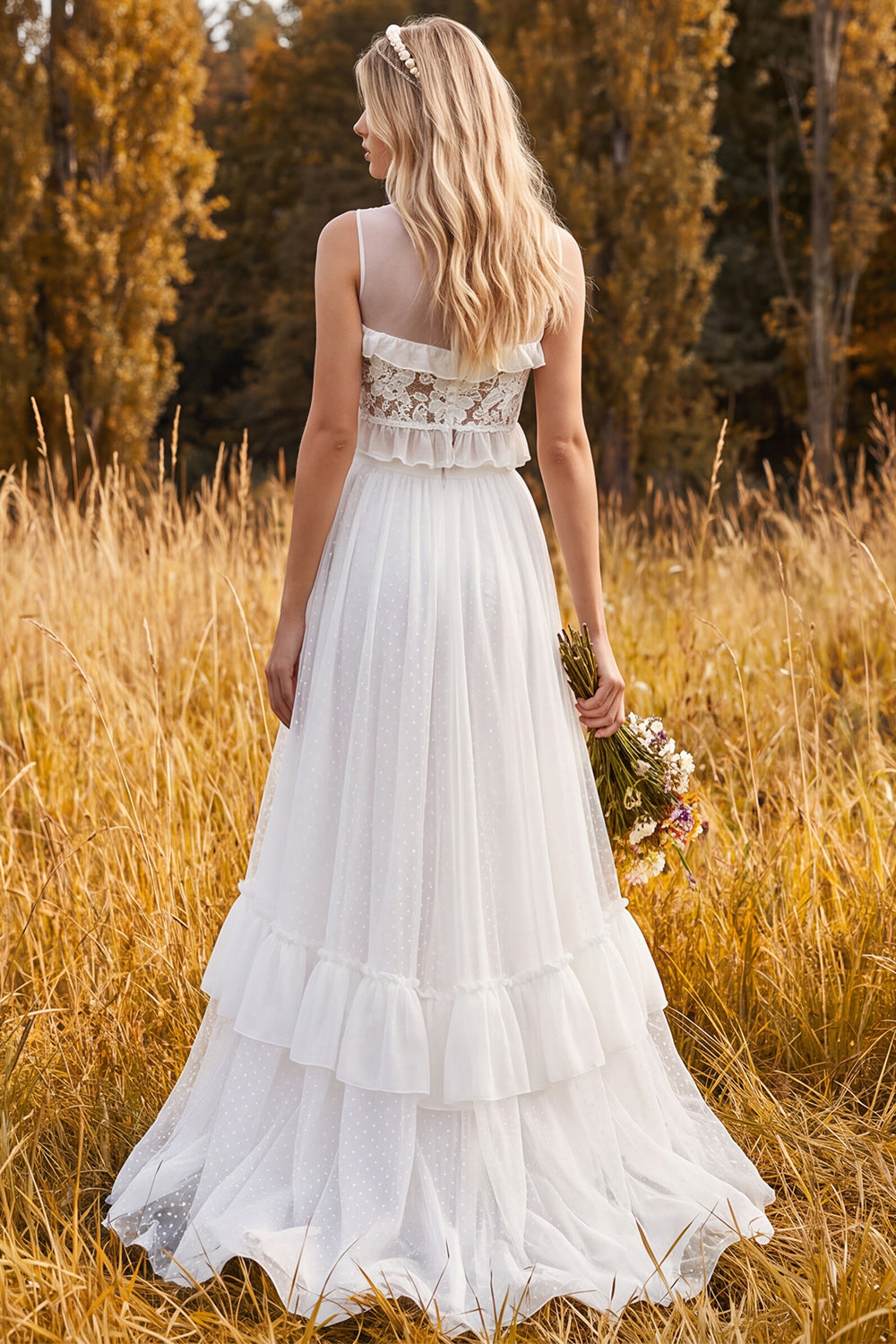 Ivory Two Piece Floral Ruffled A Line Sweep Train Engagement Dress with Slit