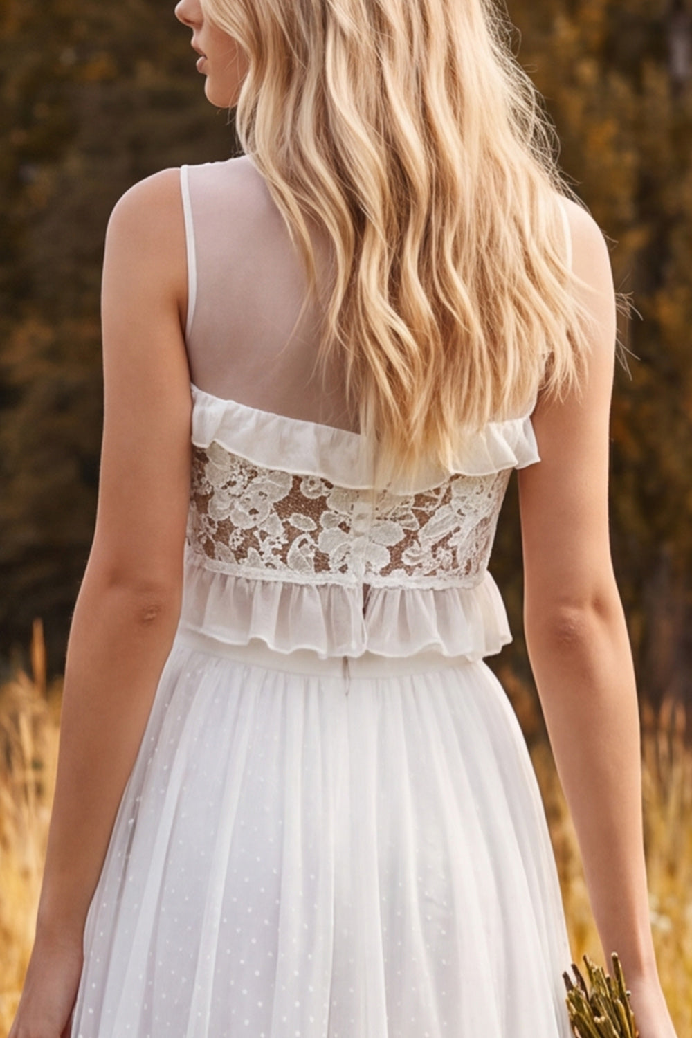 Ivory Two Piece Floral Ruffled A Line Sweep Train Engagement Dress with Slit