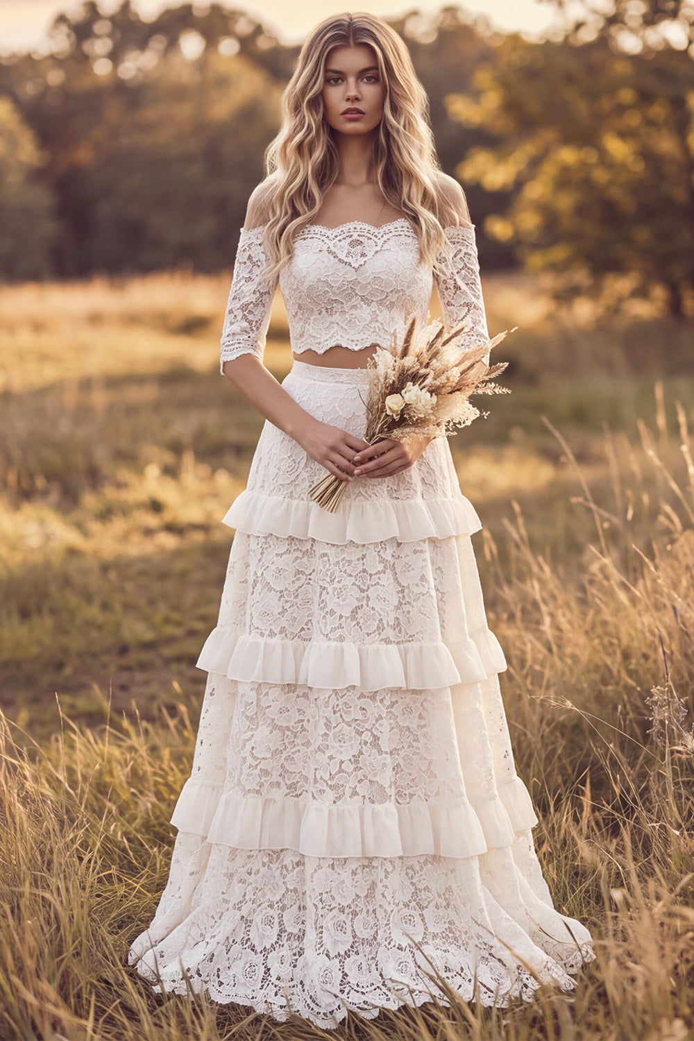 Ivory Floral Ruffled Two Piece Sweep Train A Line Lace Boho Wedding Dress