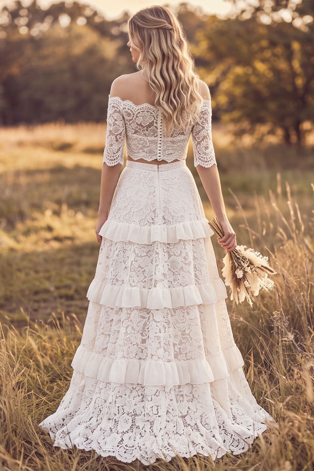 Ivory Floral Ruffled Two Piece Sweep Train A Line Lace Boho Wedding Dress