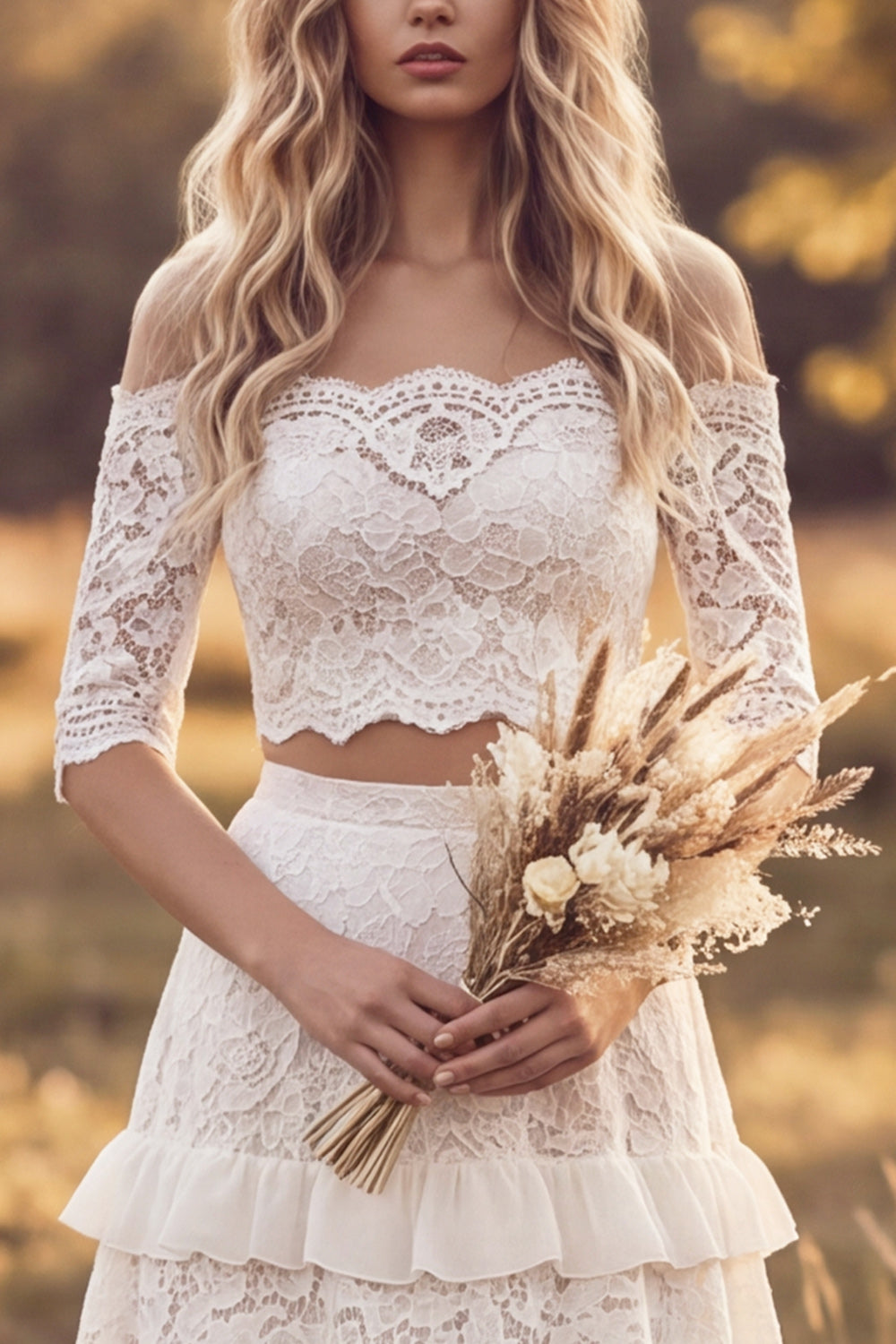 Ivory Floral Ruffled Two Piece Sweep Train A Line Lace Boho Wedding Dress