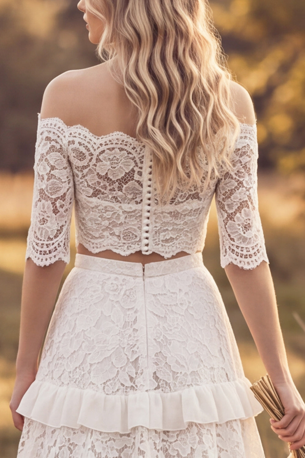 Ivory Floral Ruffled Two Piece Sweep Train A Line Lace Boho Wedding Dress