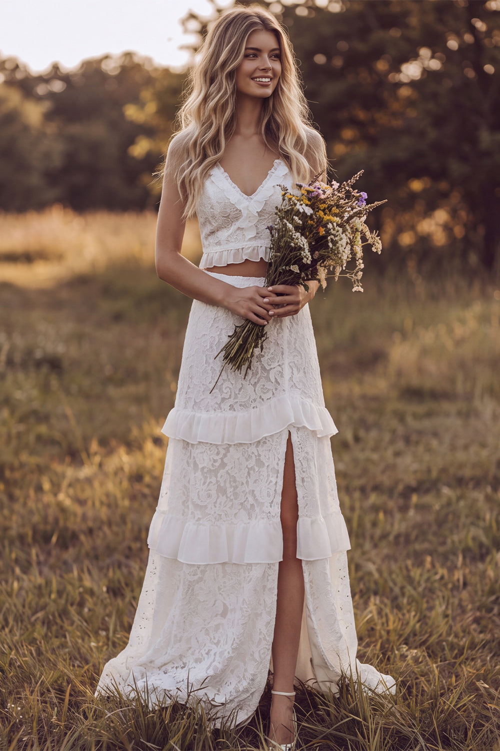 Ivory Floral Two Piece Ruffled Sweep Train Boho Rehearsal Dinner Dress with Slit