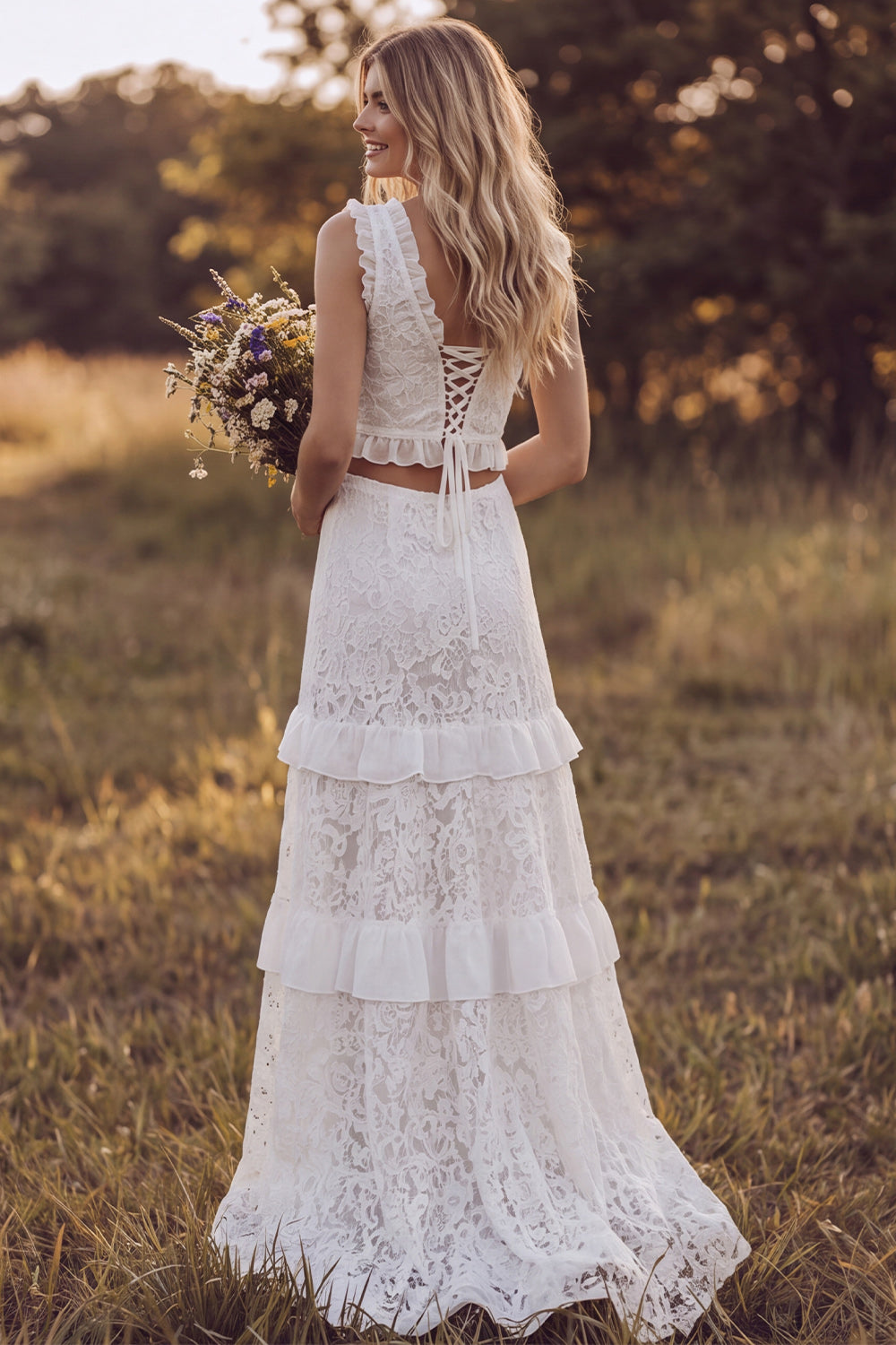 Ivory Floral Two Piece Ruffled Sweep Train Boho Rehearsal Dinner Dress with Slit
