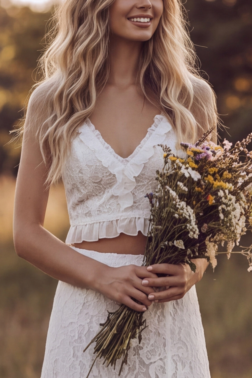 Ivory Floral Two Piece Ruffled Sweep Train Boho Rehearsal Dinner Dress with Slit