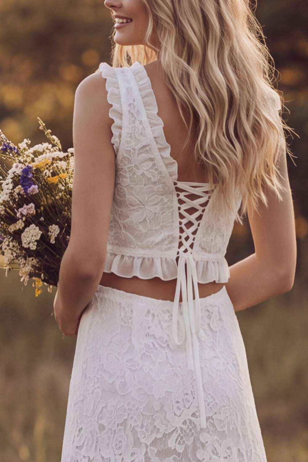 Ivory Floral Two Piece Ruffled Sweep Train Boho Rehearsal Dinner Dress with Slit