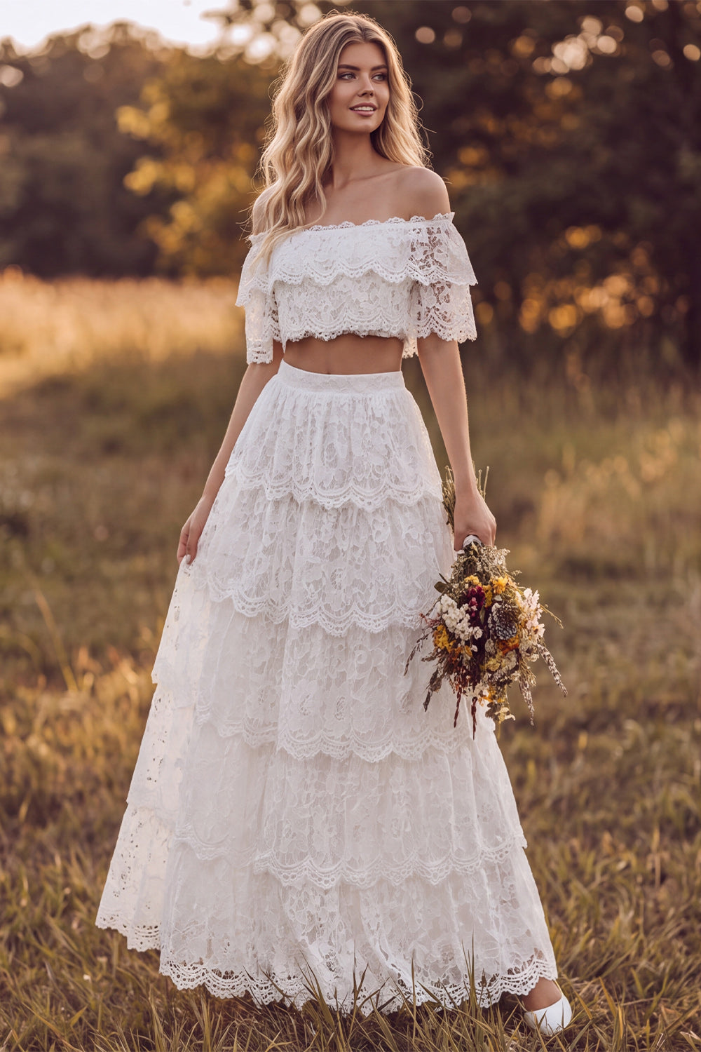 Ivory Two Piece Floral Off the Shoulder Tiered Lace Long Boho Rehearsal Dinner Dress