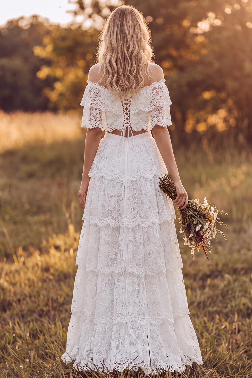 Ivory Two Piece Floral Off the Shoulder Tiered Lace Long Boho Rehearsal Dinner Dress