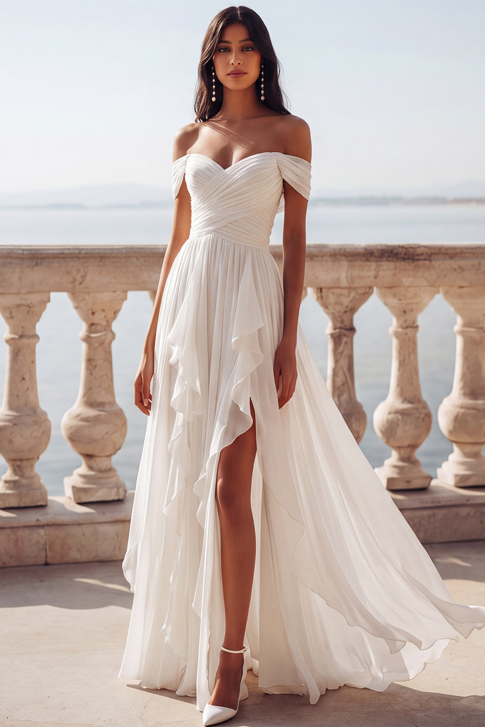 Ivory Chiffon Pleated A Line Sweep Train Beach Wedding Dress with Slit