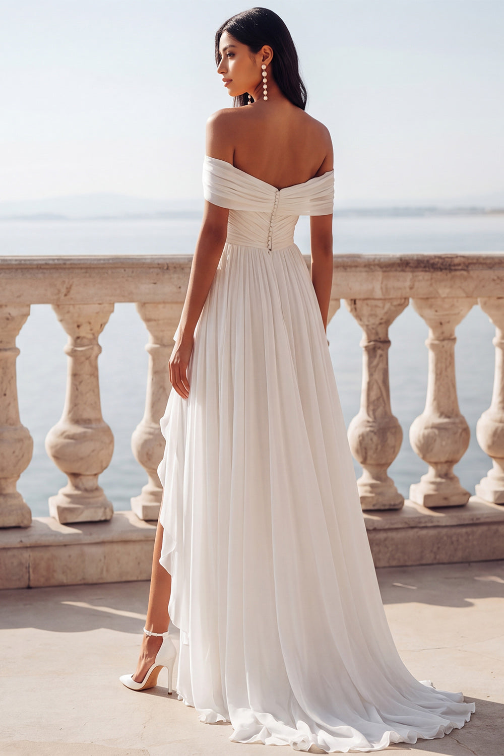 Ivory Chiffon Pleated A Line Sweep Train Beach Wedding Dress with Slit