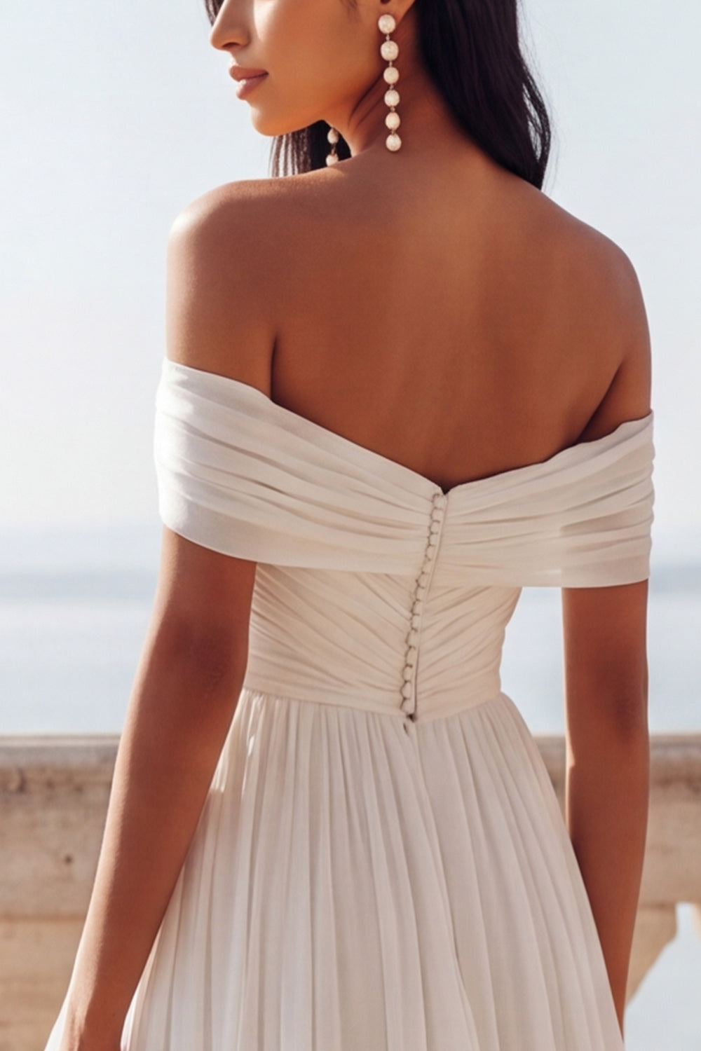 Ivory Chiffon Pleated A Line Sweep Train Beach Wedding Dress with Slit