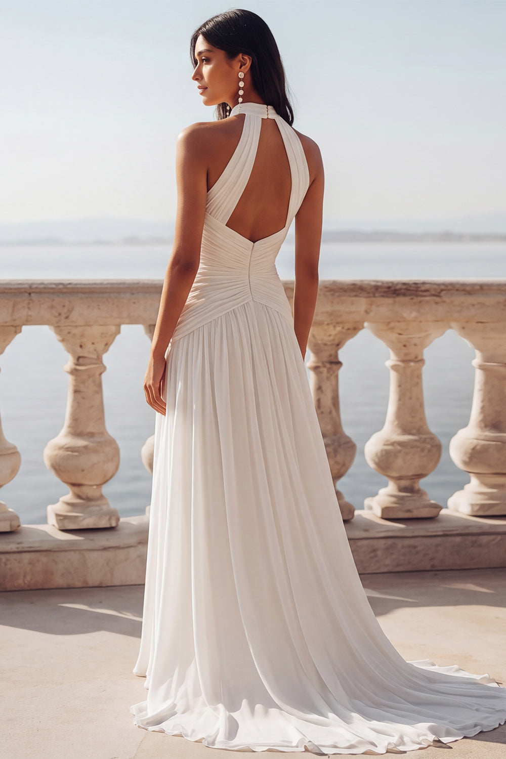 Ivory Halter Sweep Train Ruched Chiffon Keyhole Beach Wedding Dress with Slit