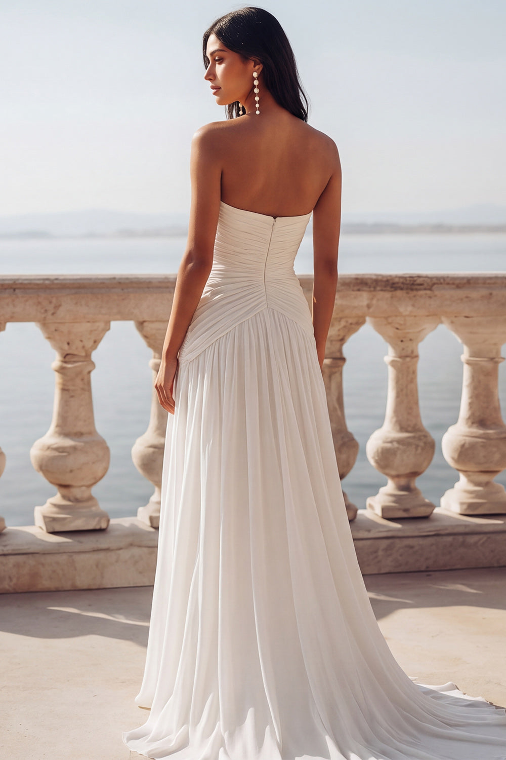 Ivory Strapless Chiffon Ruched Sweep Train Beach Wedding Dress with Slit
