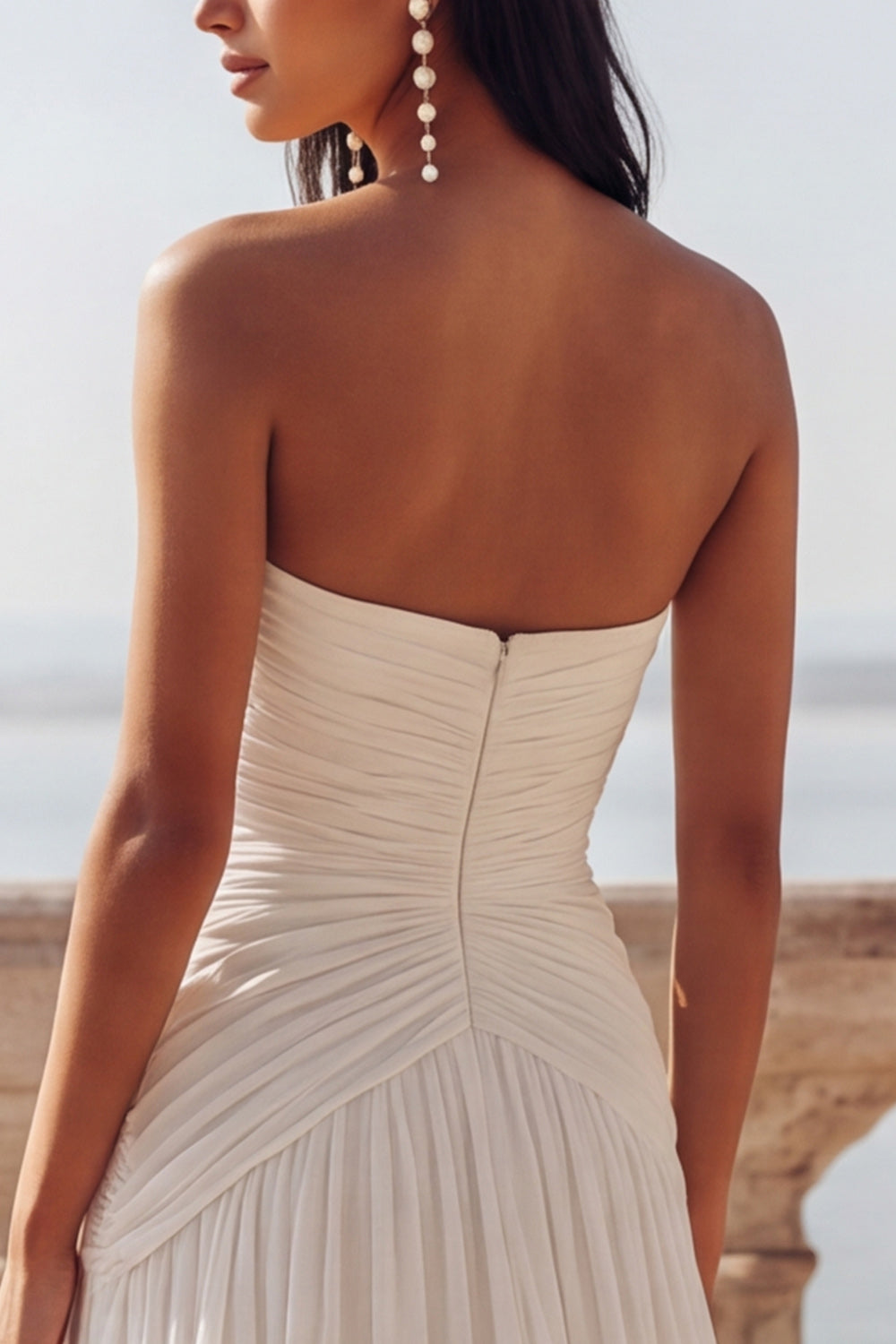 Ivory Strapless Chiffon Ruched Sweep Train Beach Wedding Dress with Slit