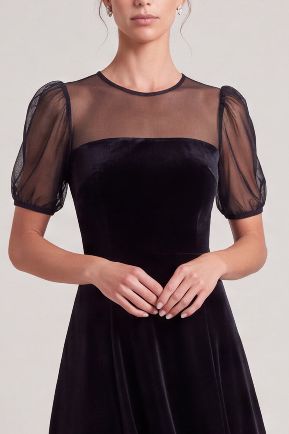 Black A-Line Illusion Round Neck Velvet Midi Holiday Dress