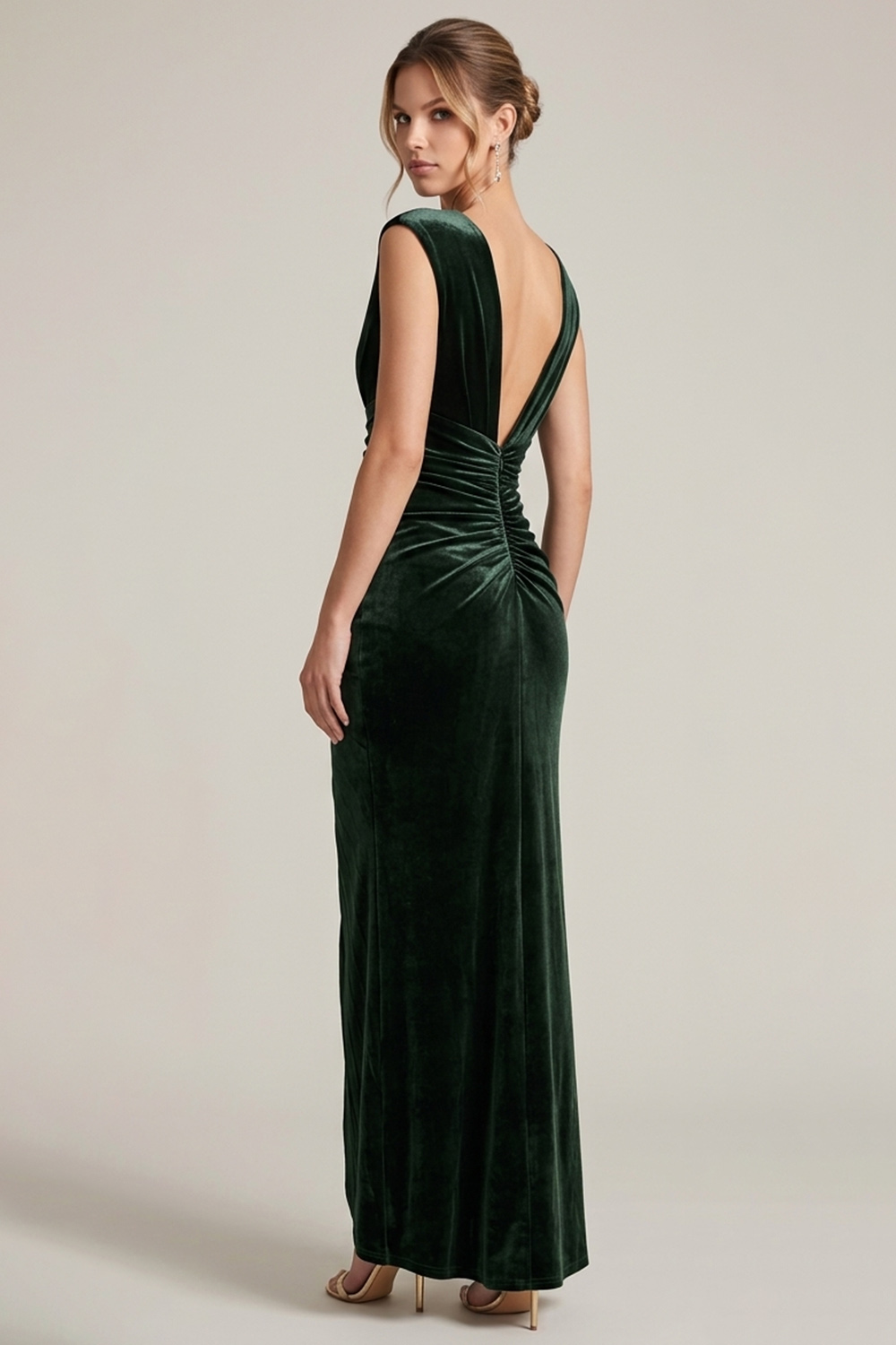 Dark Green Velvet Sheath V-Neck Ruched Maxi Holiday Dress with Slit