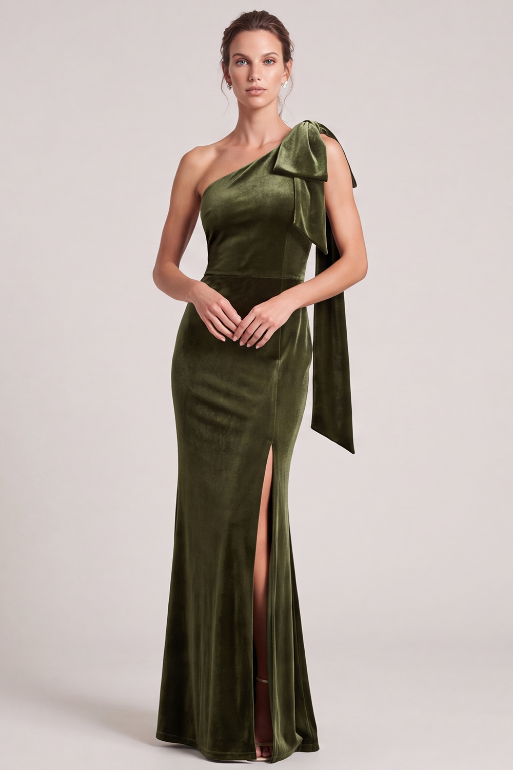 Olive Velvet Mermaid One Shoulder Long Holiday Dress with Slit