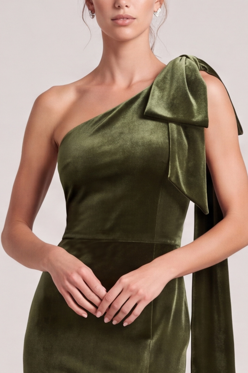 Olive Velvet Mermaid One Shoulder Long Holiday Dress with Slit