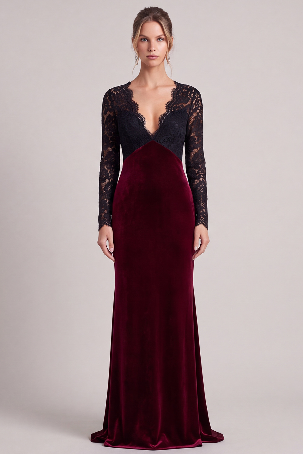 Black and Burgundy Mermaid V-Neck Long Sleeves Maxi Holiday Dress with Lace