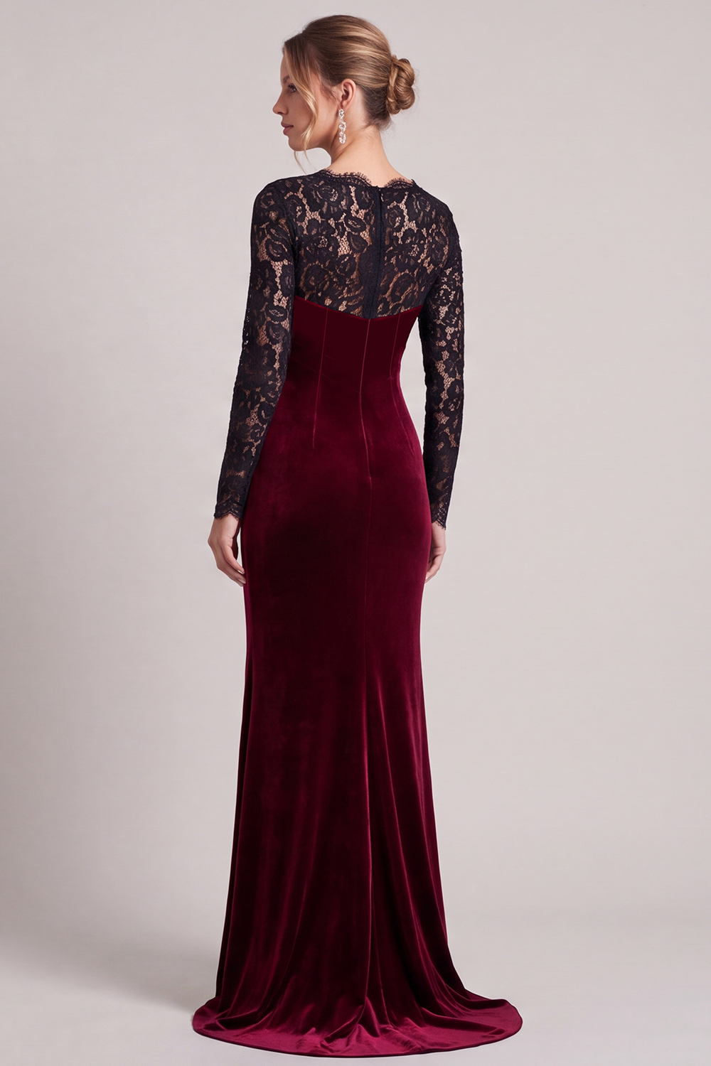 Black and Burgundy Mermaid V-Neck Long Sleeves Maxi Holiday Dress with Lace