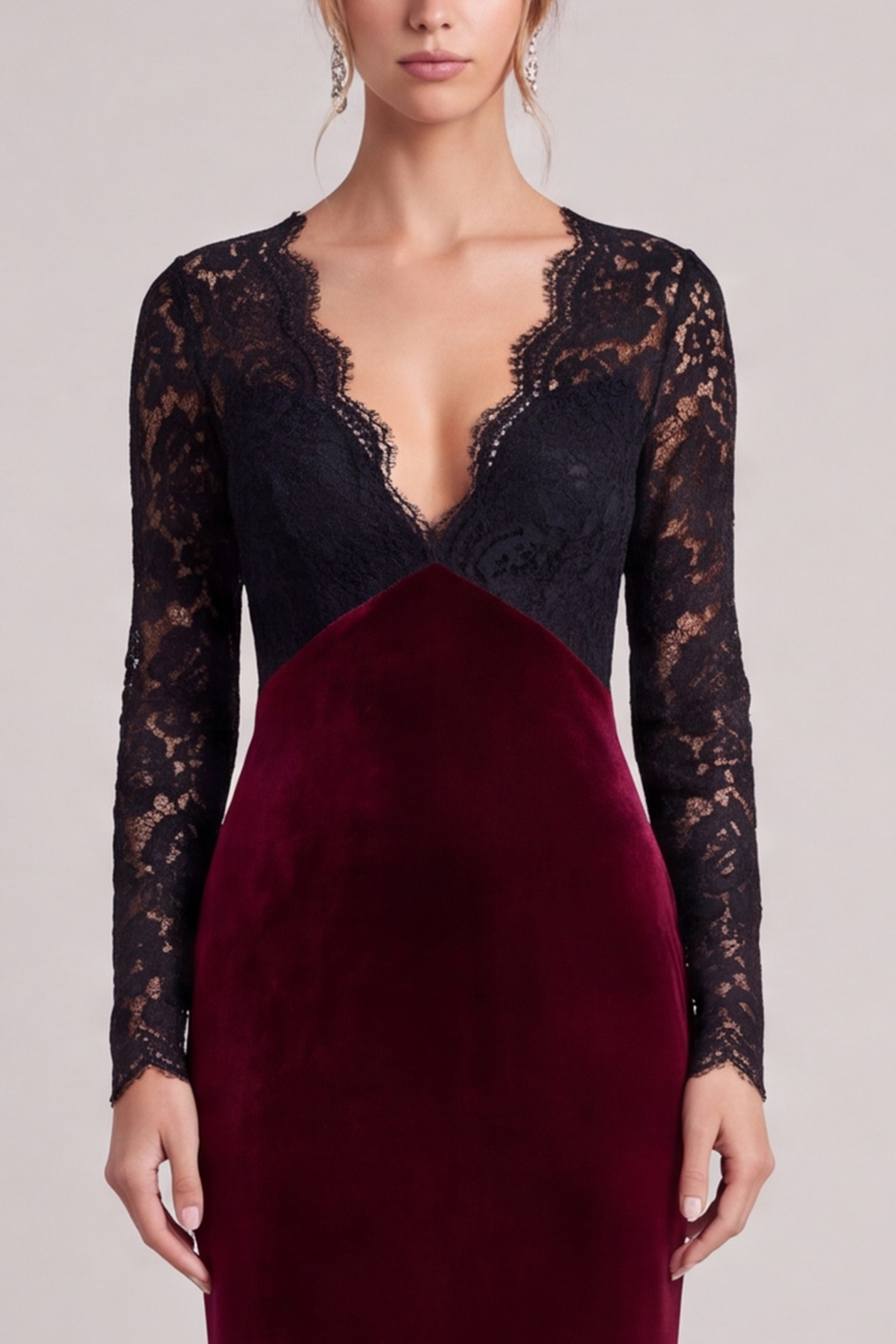 Black and Burgundy Mermaid V-Neck Long Sleeves Maxi Holiday Dress with Lace