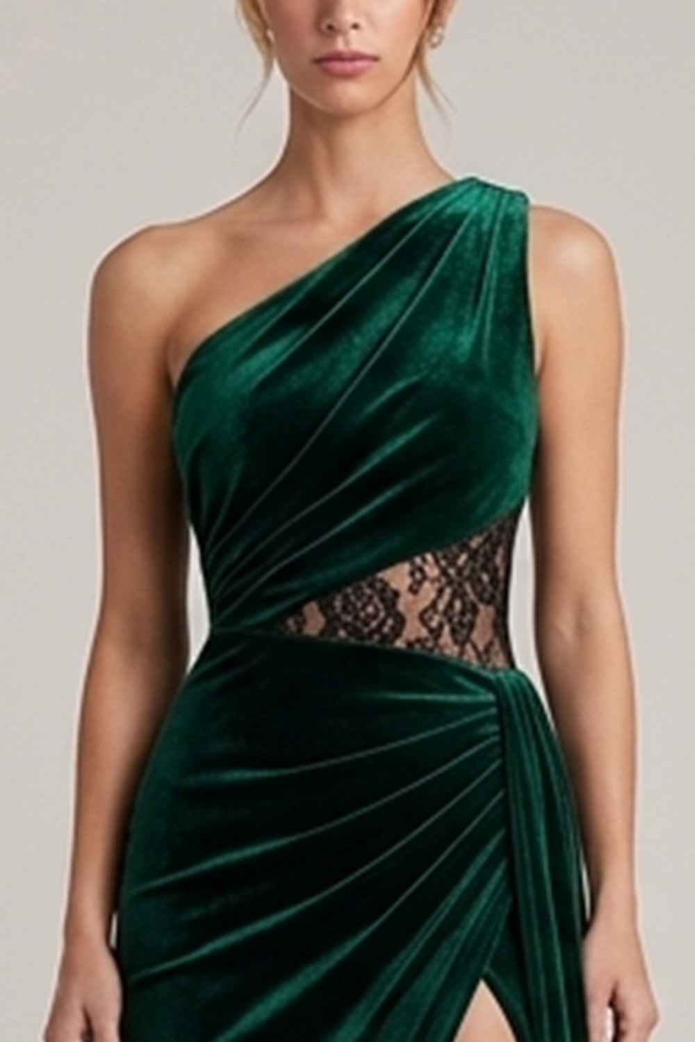 Dark Green Sheath One Shoulder Ruched Long Holiday Dress with Lace