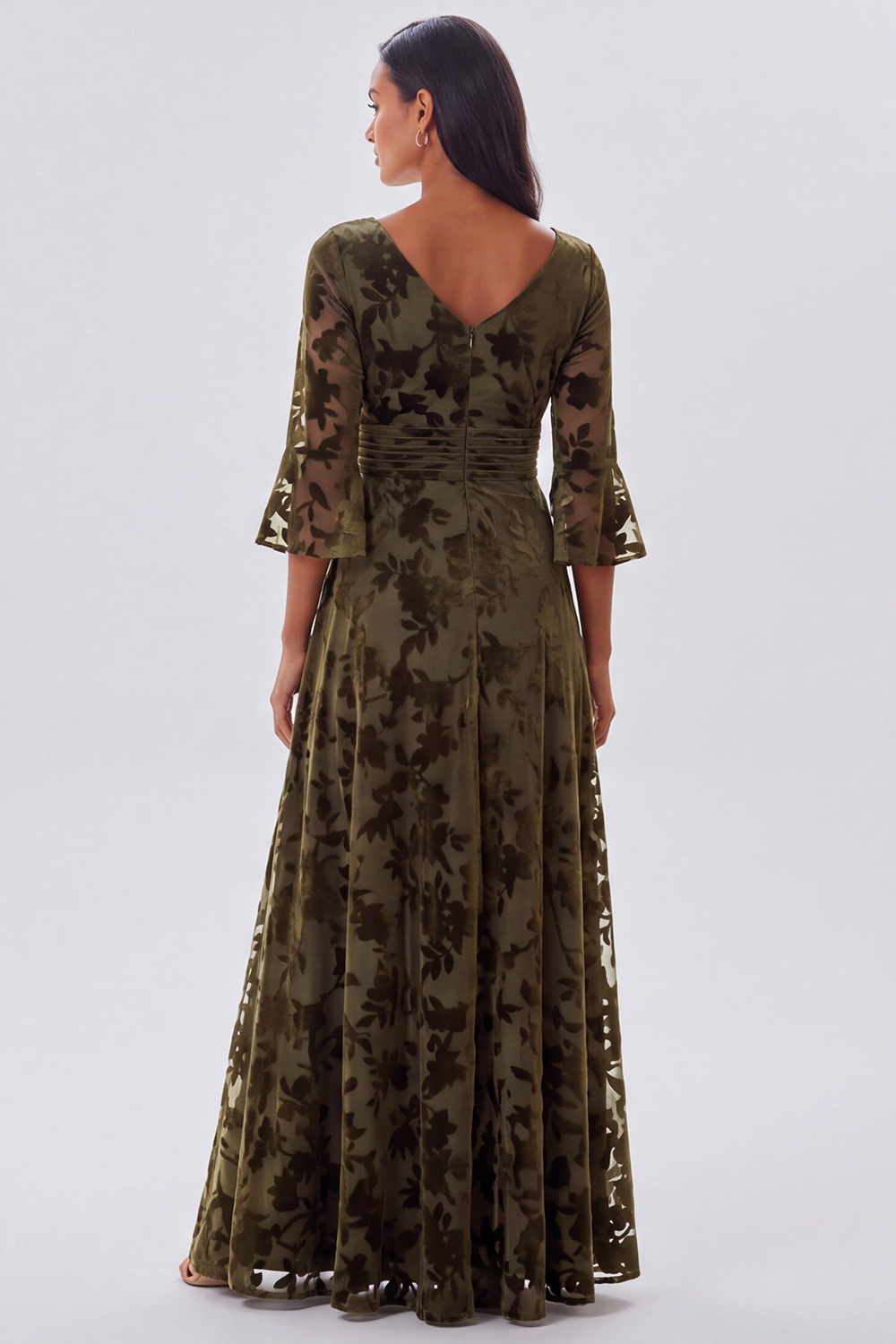 Olive A-Line V-Neck Ruched Flare Sleeves Long Formal Dress with Slit