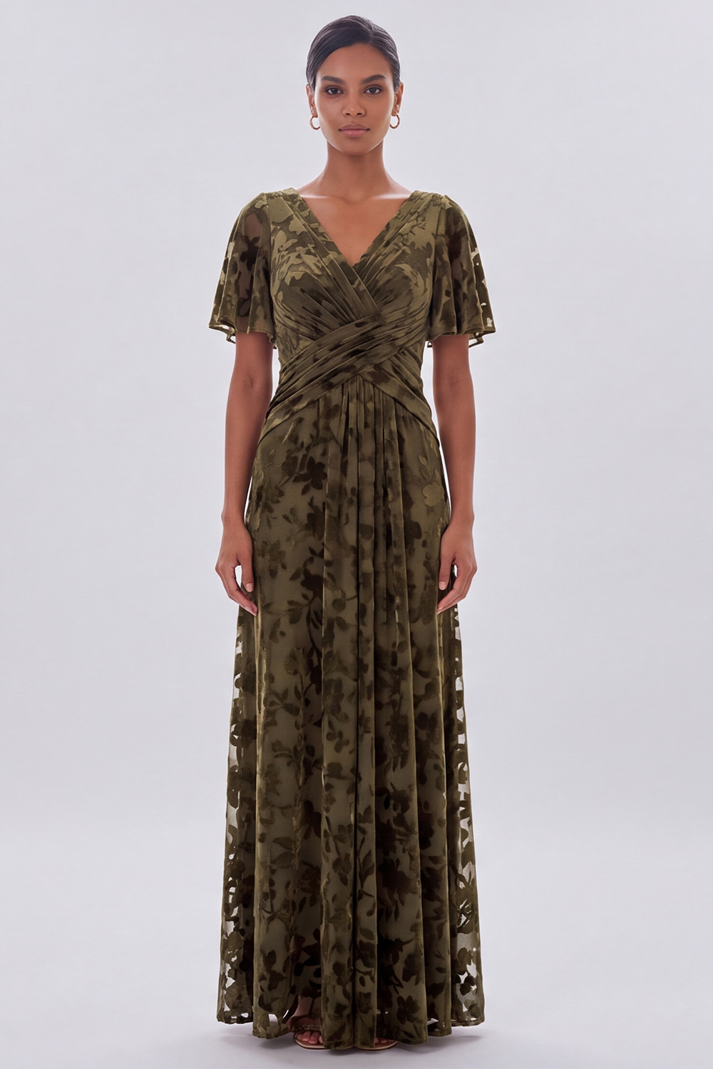 Olive Sheath V-Neck Ruched Flutter Sleeves Long Formal Dress