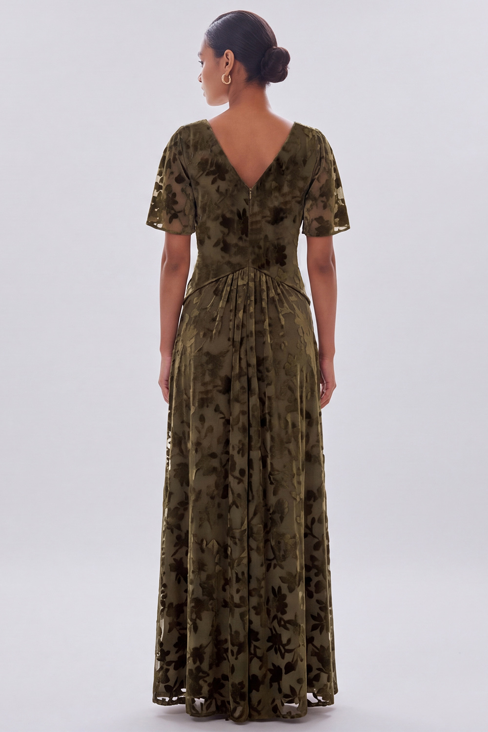 Olive Sheath V-Neck Ruched Flutter Sleeves Long Formal Dress