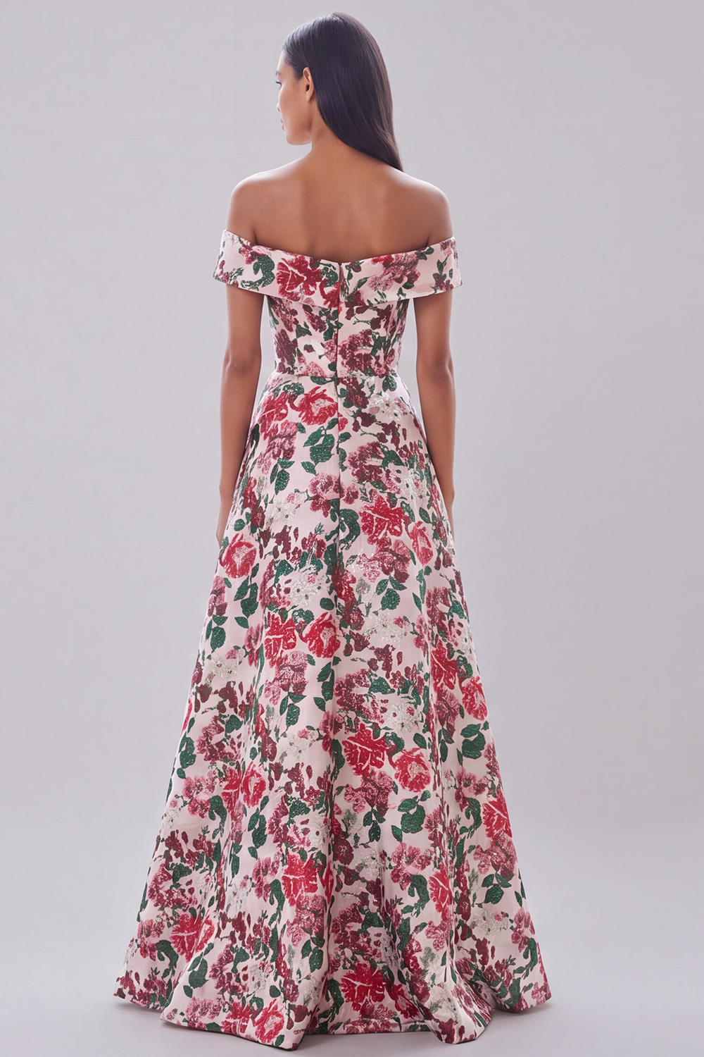 Red Floral A-Line Off the Shoulder Long Formal Dress with Slit
