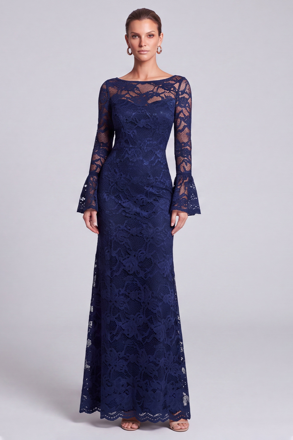 Navy Sheath Boat Neck Lace Flare Sleeves Long Wedding Guest Dress