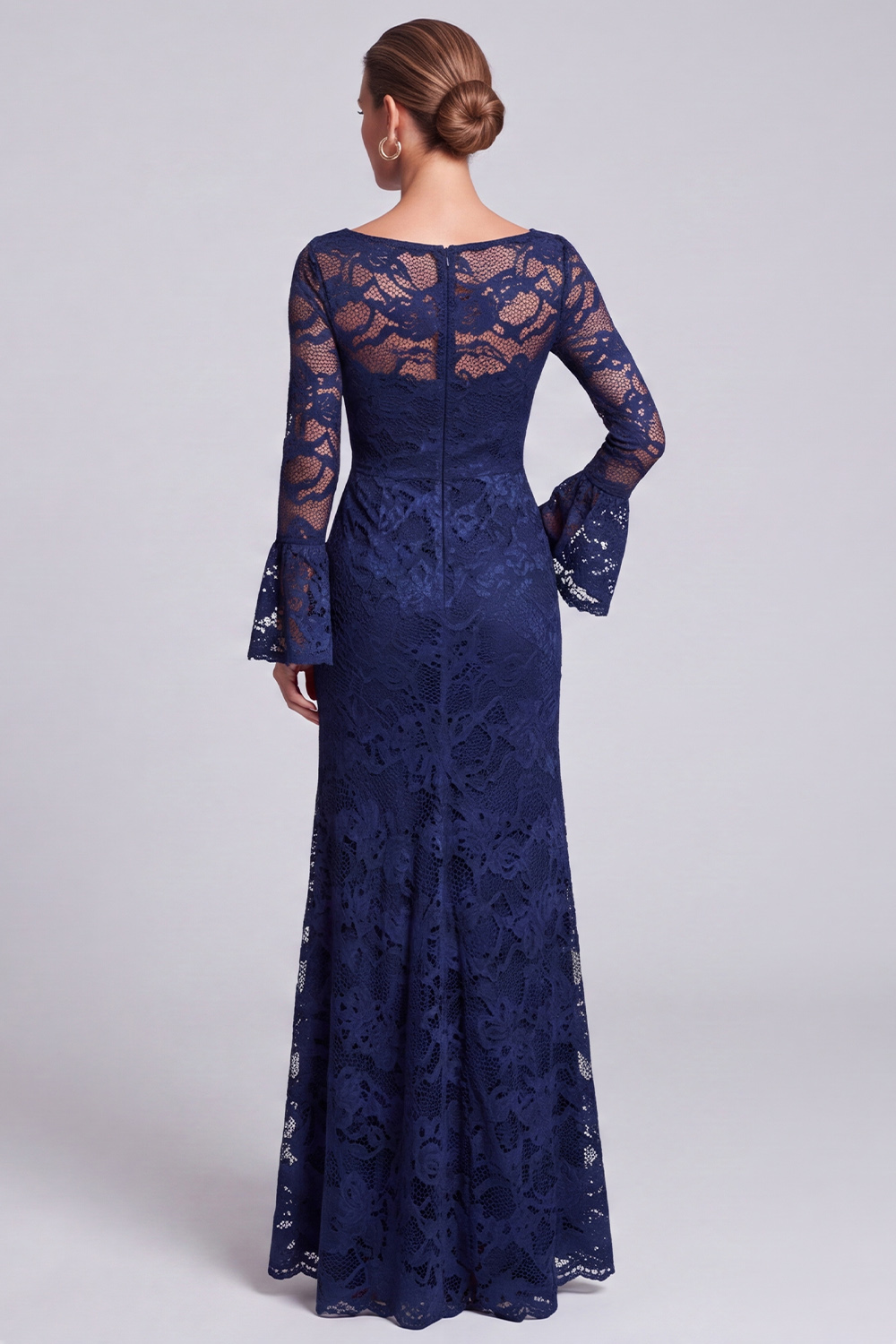Navy Sheath Boat Neck Lace Flare Sleeves Long Wedding Guest Dress