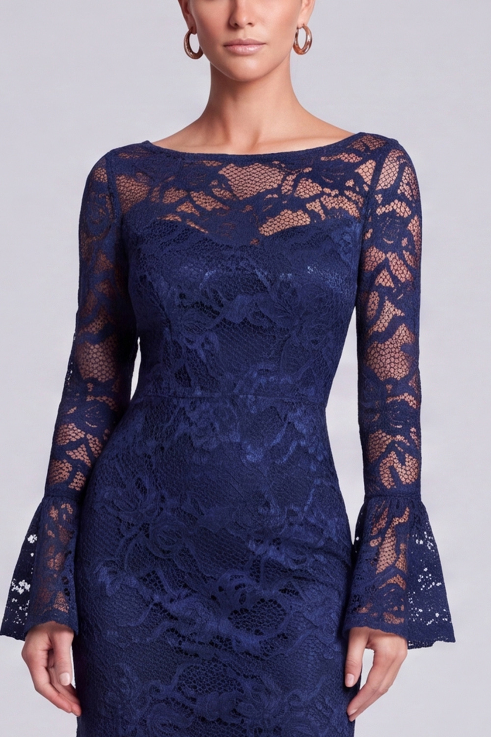 Navy Sheath Boat Neck Lace Flare Sleeves Long Wedding Guest Dress