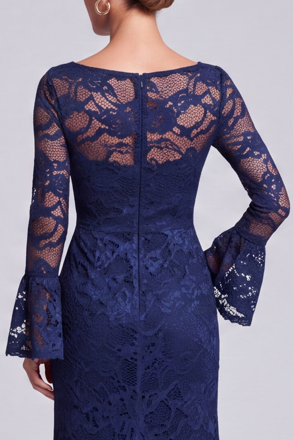 Navy Sheath Boat Neck Lace Flare Sleeves Long Wedding Guest Dress