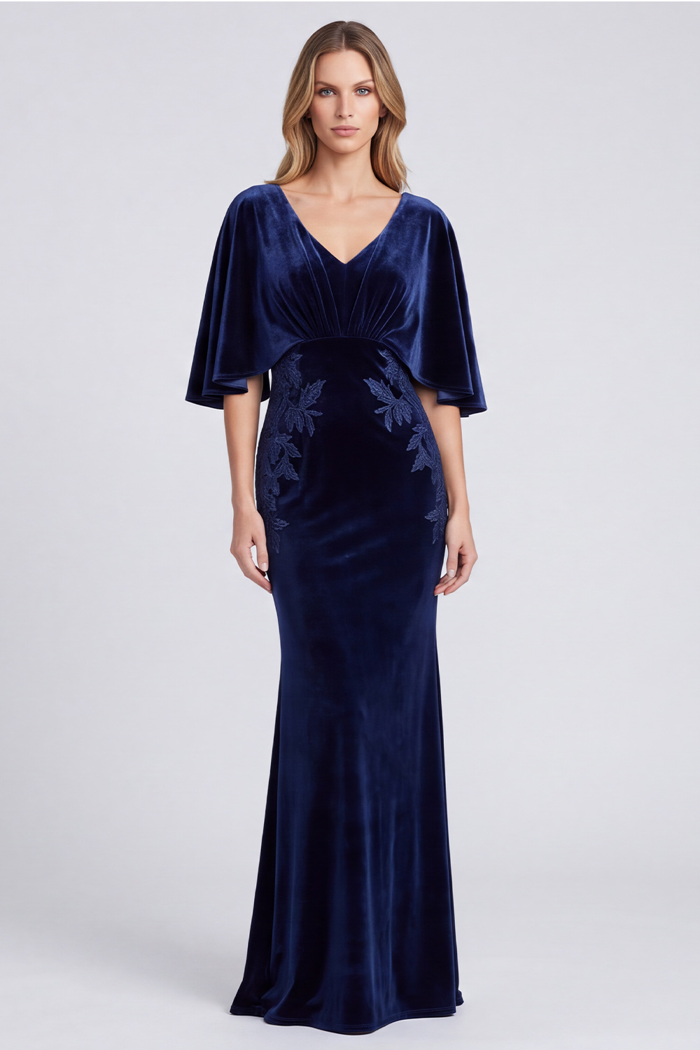 Navy Sheath V-Neck Velvet Long Formal Dress with Embroidery