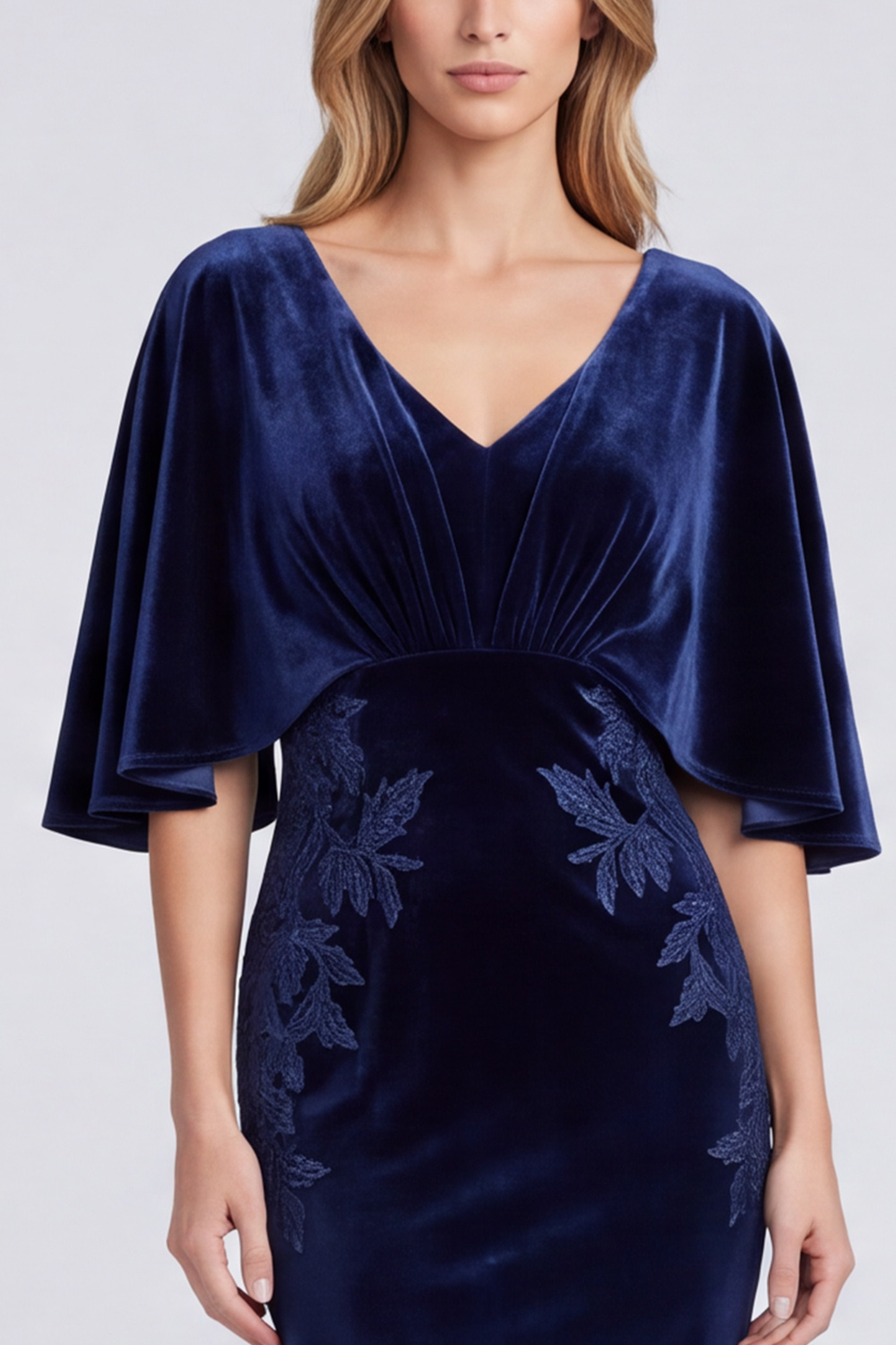 Navy Sheath V-Neck Velvet Long Formal Dress with Embroidery