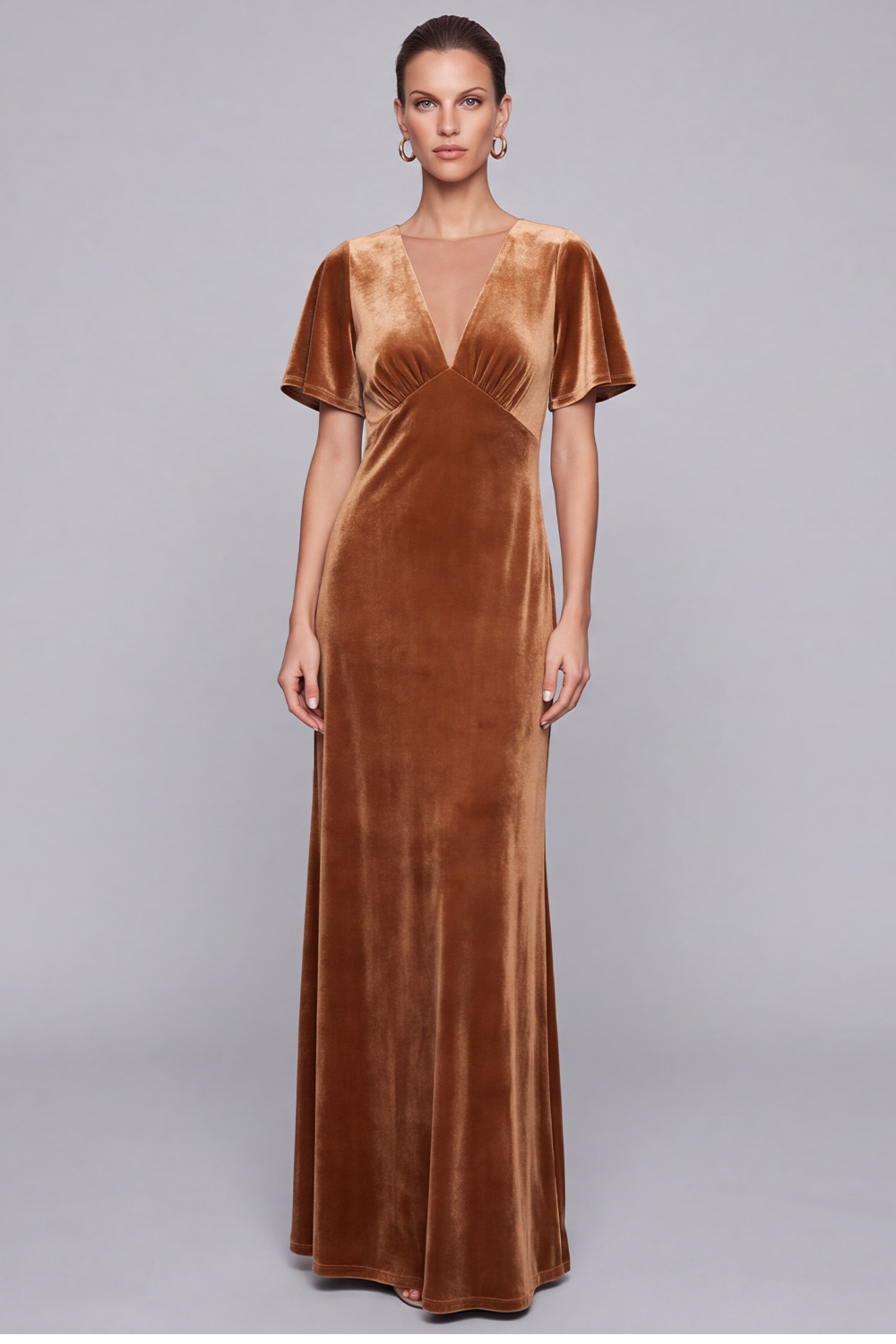 Brown Velvet Sheath V-Neck Long Formal Dress