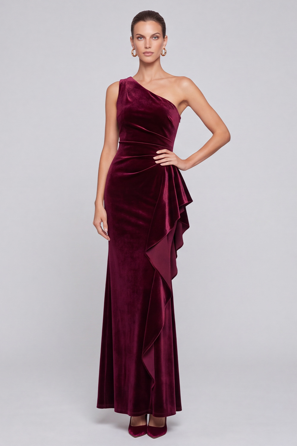 Burgundy Sheath One Shoulder Velvet Ruffled Long Holiday Party Dress