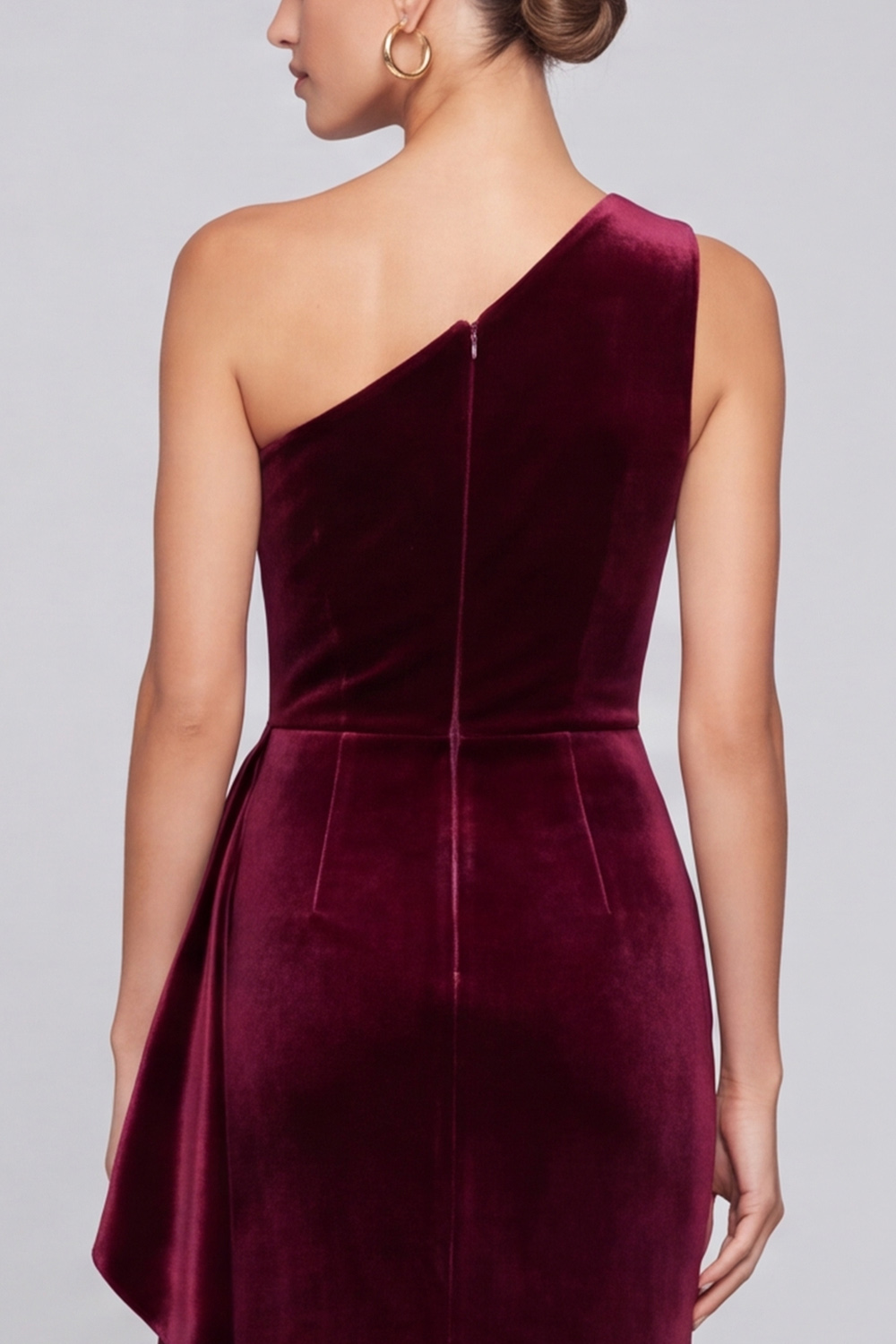 Burgundy Sheath One Shoulder Velvet Ruffled Long Holiday Party Dress