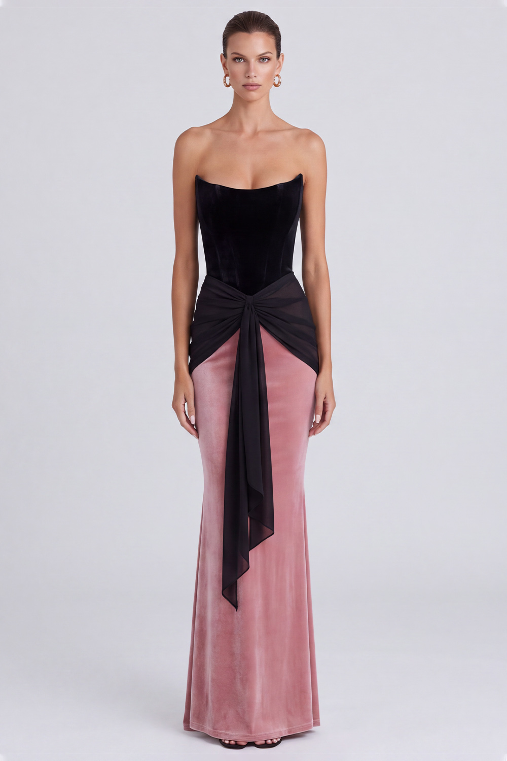 Black and Pink Velvet Corset Strapless Long Formal Dress with Sash