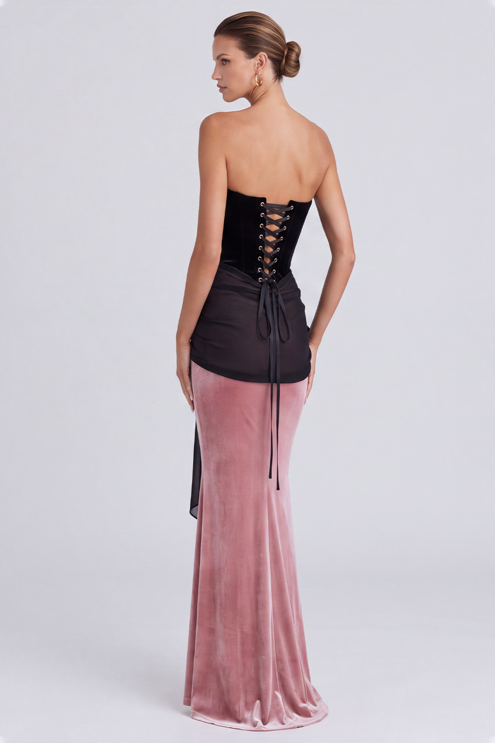 Black and Pink Velvet Corset Strapless Long Formal Dress with Sash