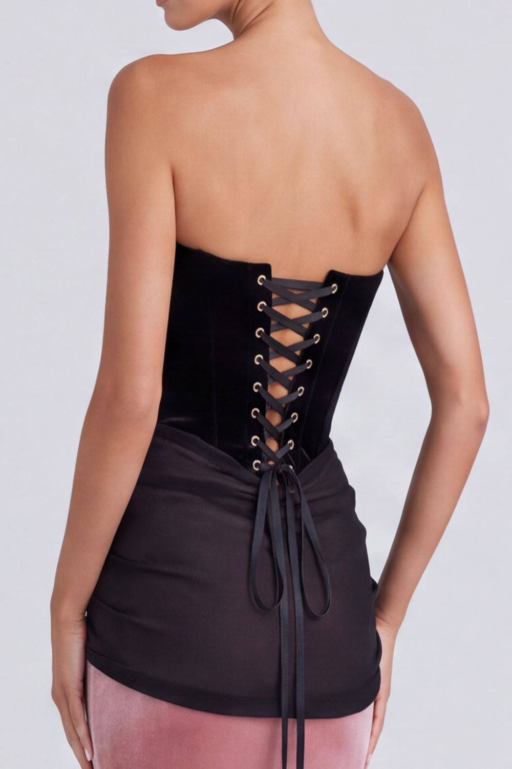 Black and Pink Velvet Corset Strapless Long Formal Dress with Sash