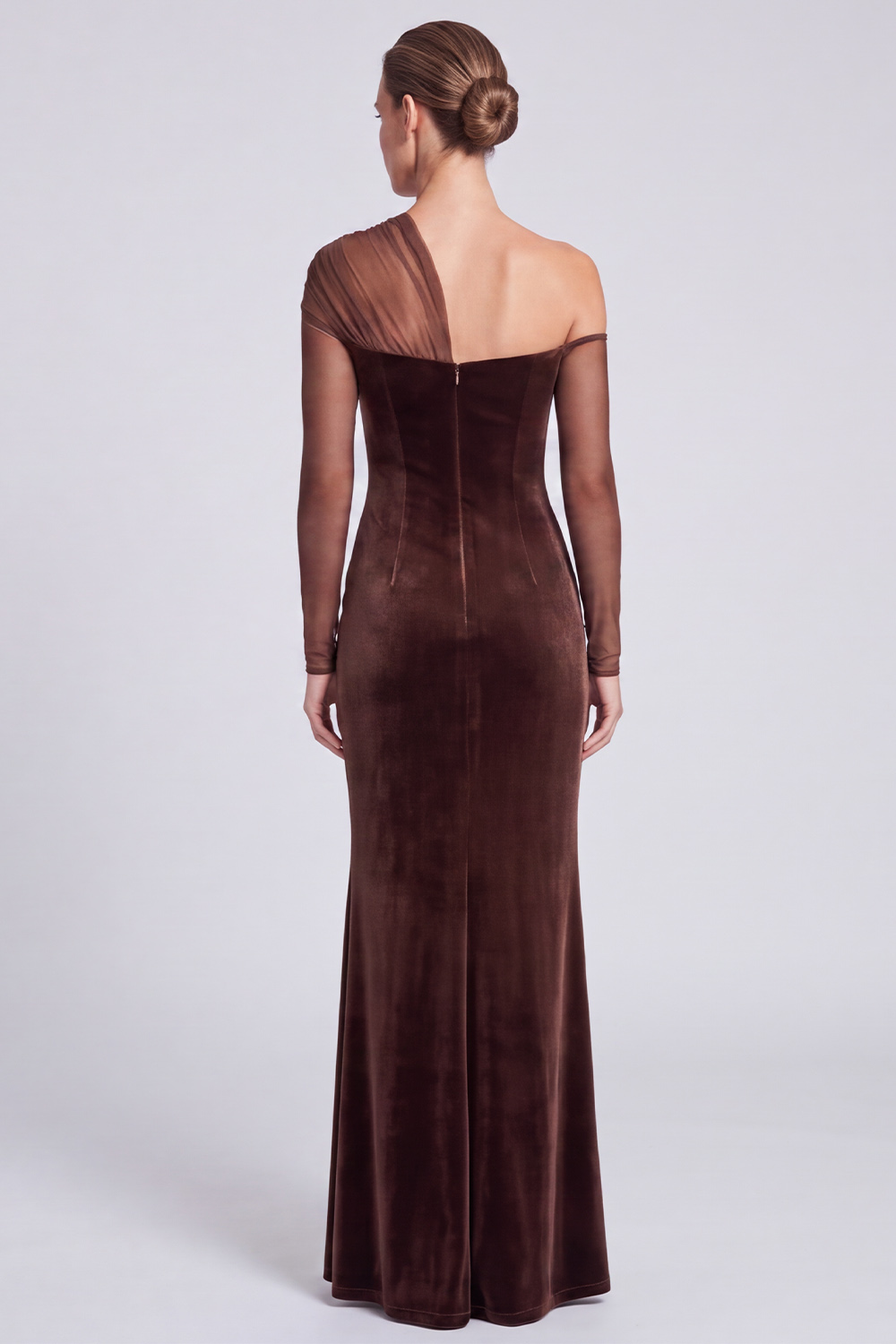 Coffee Sheath One Shoulder Velvet Long Formal Dress with Slit