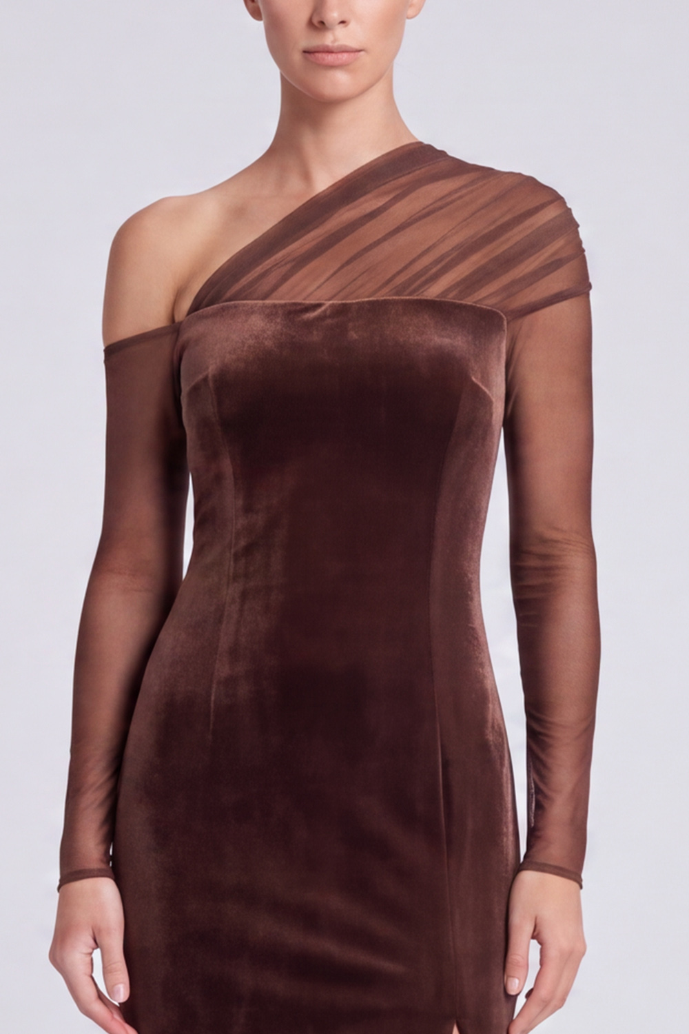 Coffee Sheath One Shoulder Velvet Long Formal Dress with Slit