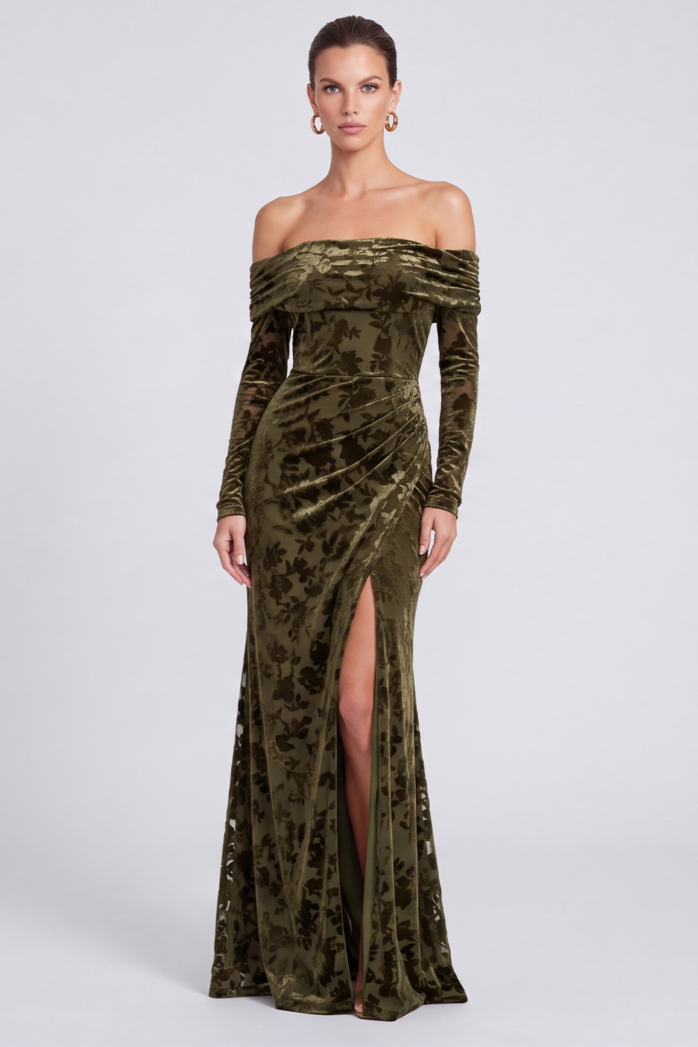Olive Sheath Off the Shoulder Ruched Long Formal Dress with Slit