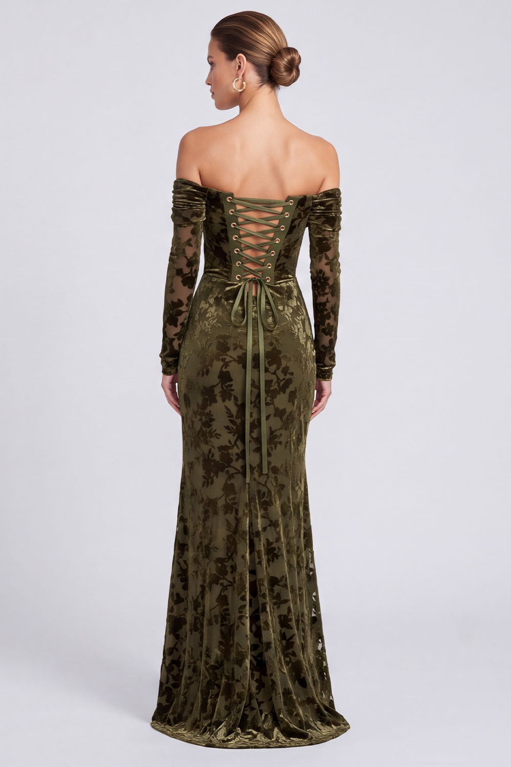 Olive Sheath Off the Shoulder Ruched Long Formal Dress with Slit