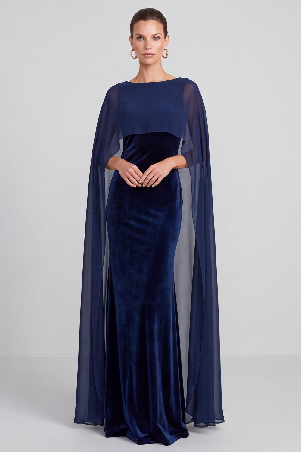 Navy Sheath Boat Neck Velvet Long Holiday Party Dress with Cape